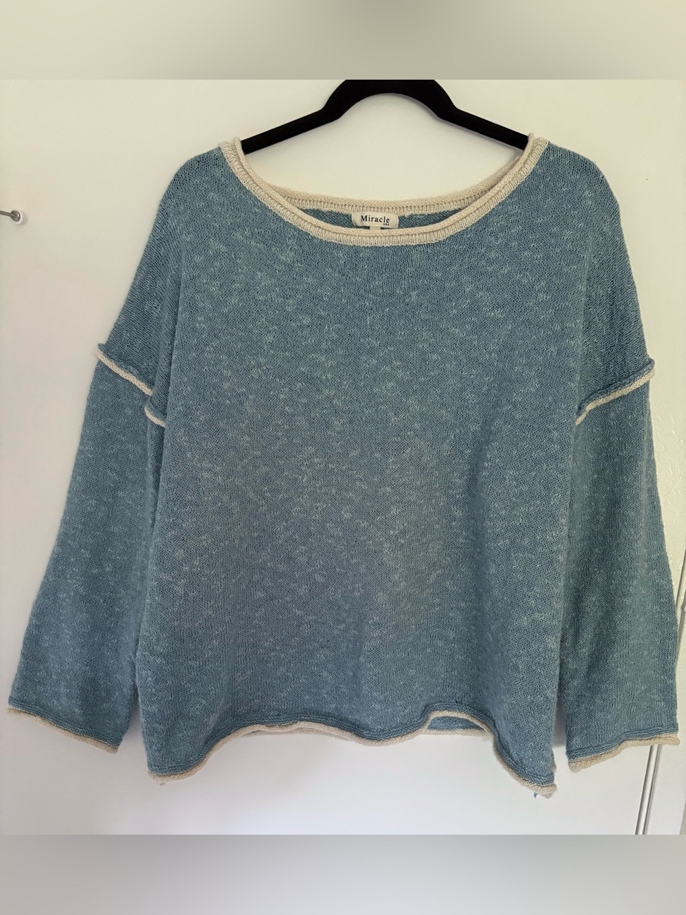Miracle Heathered Blue Crewneck Sweater with Cream Trim
